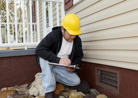 Person in a yellow hard hat inspecting a vent on a house